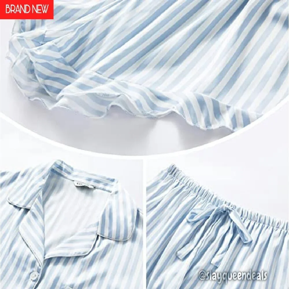 Satin Silk Pajama Set Short Sleeve Shorts Ruffle Collar Sleepwear Loungewear - Picture 5 of 8